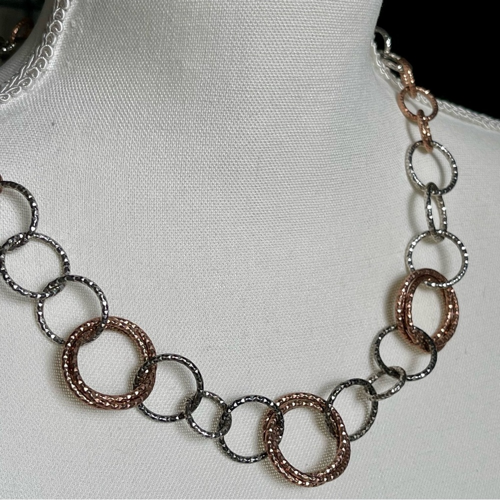 ALWAND VAHAN |AV 925 |VINTAGE Sterling Silver 3-Tone Circle Links Chain Necklace